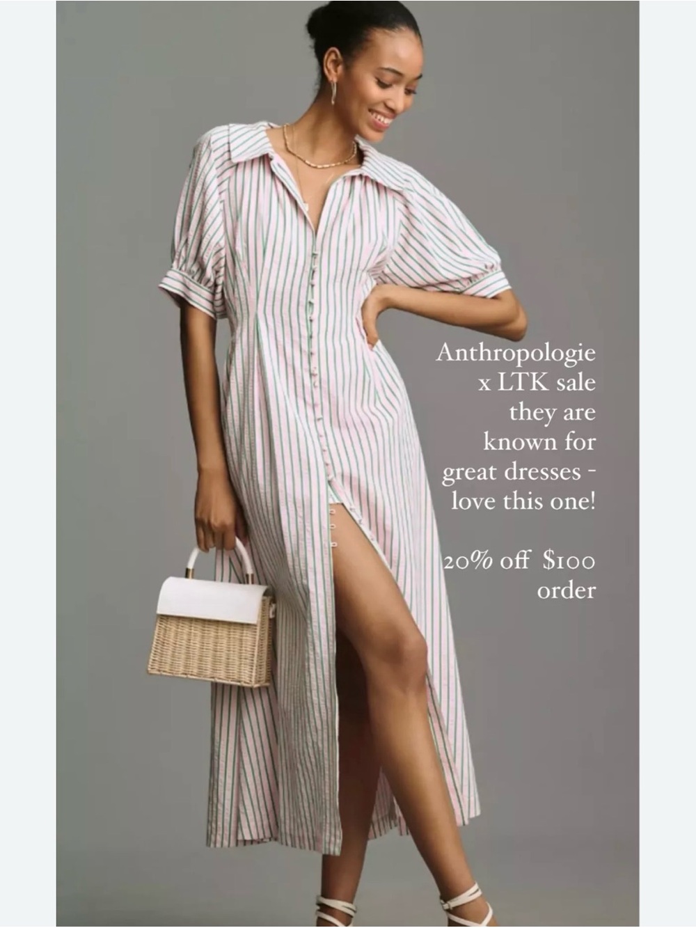 THML Pink and Green Striped Button-Front Maxi Dress